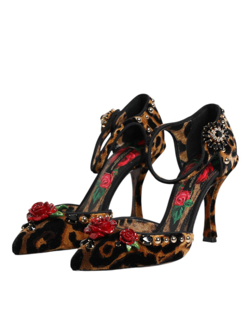 Dolce & Gabbana Brown Leopard Velvet Heels Pumps with Crystal Roses and Ankle Strap - Women’s