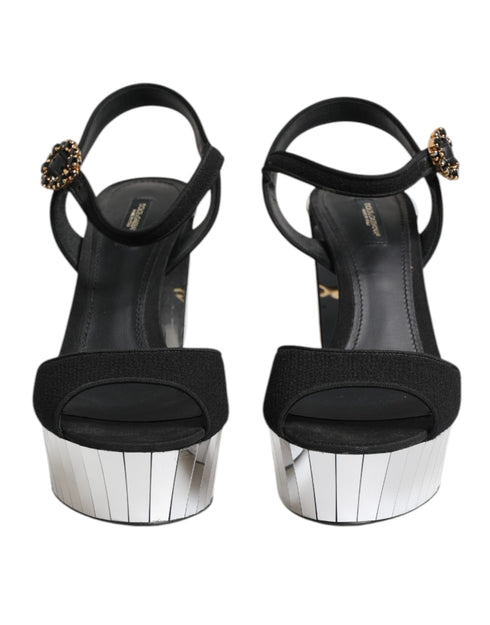 Dolce & Gabbana Women’s Keira Ankle Strap Sandals – Black Crystal & Silver Mirrored Heels