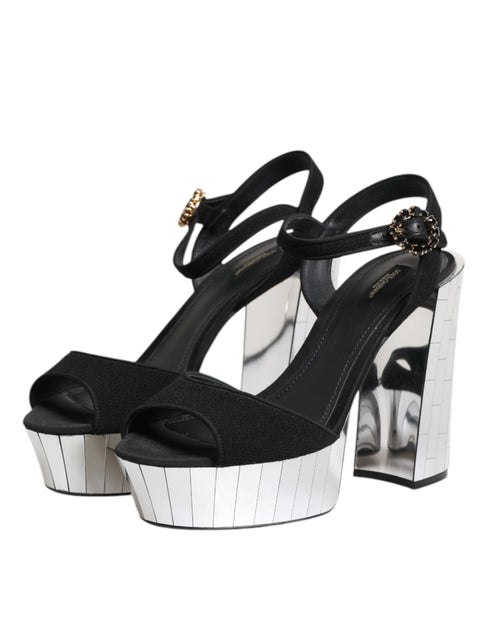 Dolce & Gabbana Women’s Keira Ankle Strap Sandals – Black Crystal & Silver Mirrored Heels
