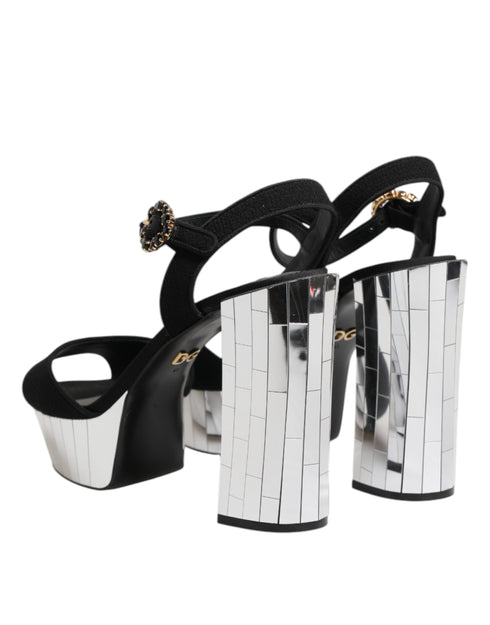 Dolce & Gabbana Women’s Keira Ankle Strap Sandals – Black Crystal & Silver Mirrored Heels