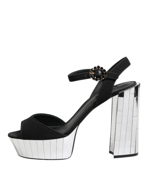 Dolce & Gabbana Women’s Keira Ankle Strap Sandals – Black Crystal & Silver Mirrored Heels