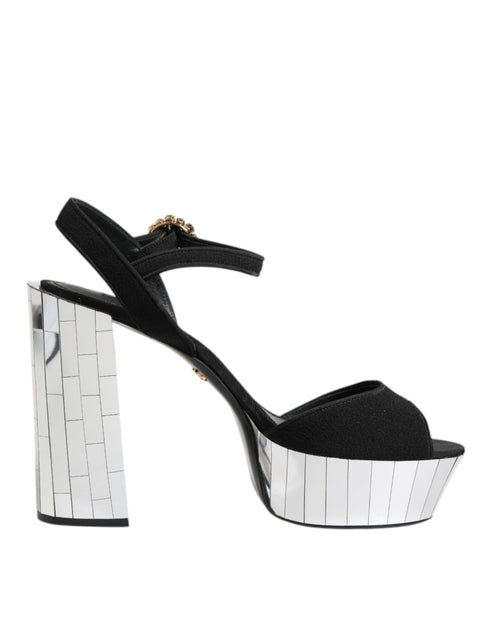 Dolce & Gabbana Women’s Keira Ankle Strap Sandals – Black Crystal & Silver Mirrored Heels