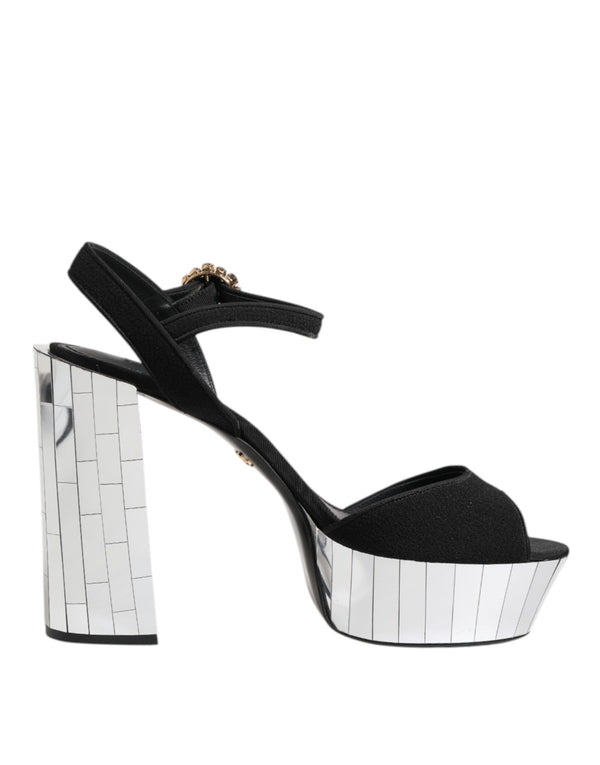 Dolce & Gabbana Women’s Keira Ankle Strap Sandals – Black Crystal & Silver Mirrored Heels
