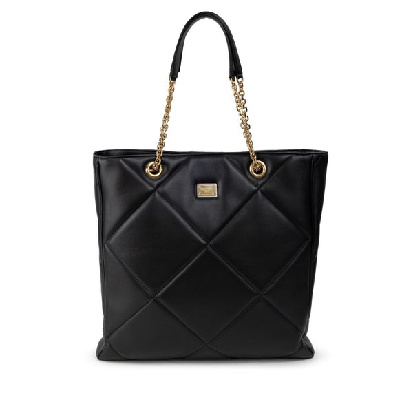 Dolce & Gabbana Jungle Quilted Shopping Tote Bag in Black Leather with Gold Chain Handles for Women