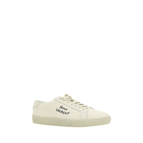 Saint Laurent Embroidered Cotton Low-Top Sneakers – White Canvas Lace-Up Shoes