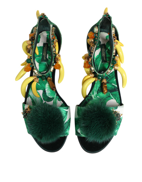 Dolce & Gabbana Green Mink Fur Satin Banana Leaf Women’s Heels Sandals