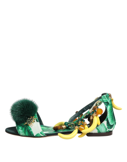 Dolce & Gabbana Green Mink Fur Satin Banana Leaf Women’s Heels Sandals