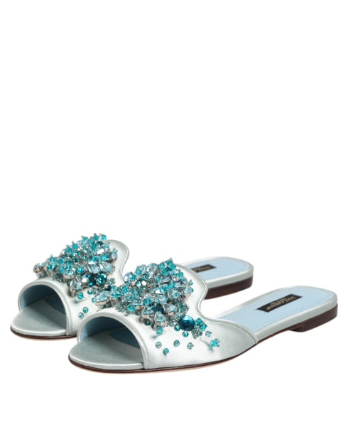 Dolce & Gabbana Embellished Slide Sandals | Women’s Silver Blue Leather Flats