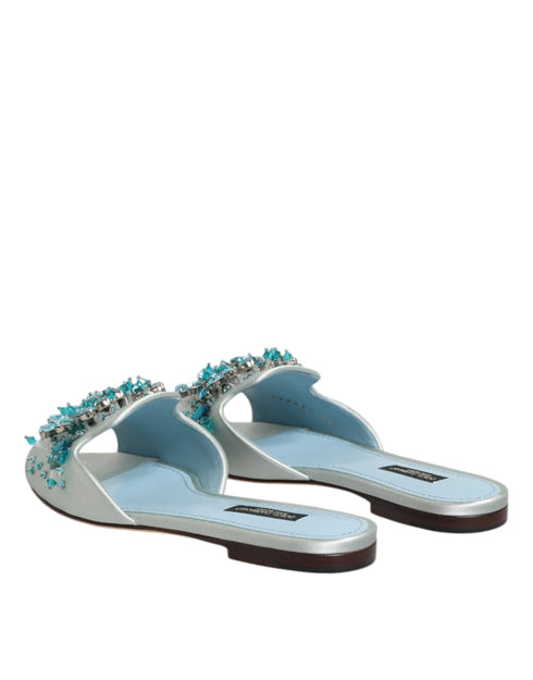 Dolce & Gabbana Embellished Slide Sandals | Women’s Silver Blue Leather Flats