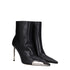 Off-White Black Leather Pointed Toe Ankle Boots with Metal Cap & High Heel – Women’s