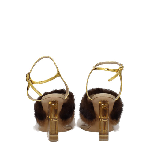 Fendi Strap-On Sandals in Brown Mink & Gold Snake Leather Women’s