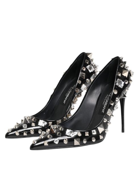 Dolce & Gabbana Black Studded Calf Leather Stiletto Pumps with Crystals – Women's Heels