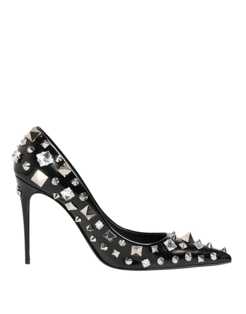 Dolce & Gabbana Black Studded Calf Leather Stiletto Pumps with Crystals – Women's Heels