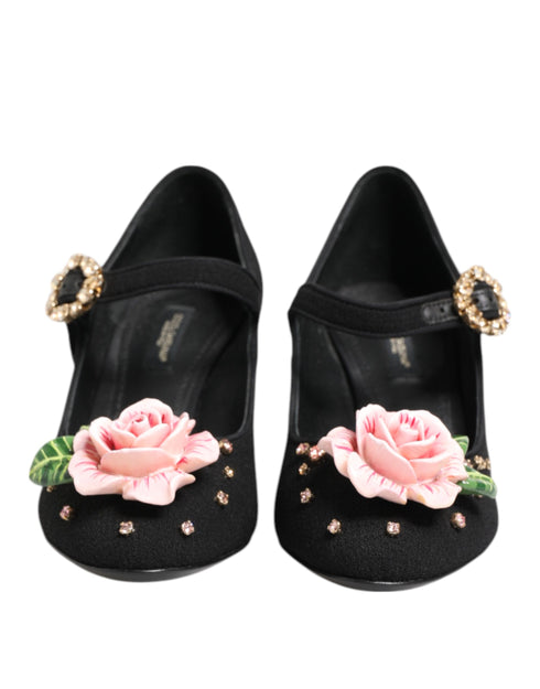 Dolce & Gabbana Mary Jane Flower Crystal Embellished Heels Pumps Black Wool for Women