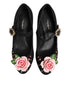 Dolce & Gabbana Mary Jane Flower Crystal Embellished Heels Pumps Black Wool for Women