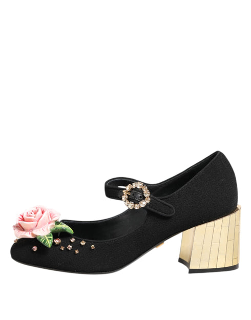 Dolce & Gabbana Mary Jane Flower Crystal Embellished Heels Pumps Black Wool for Women