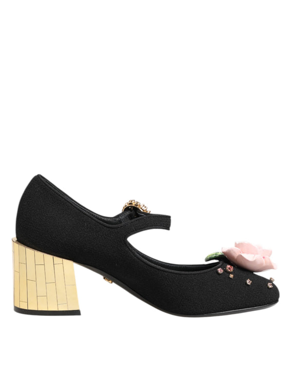 Dolce & Gabbana Mary Jane Flower Crystal Embellished Heels Pumps Black Wool for Women