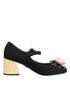 Dolce & Gabbana Mary Jane Flower Crystal Embellished Heels Pumps Black Wool for Women