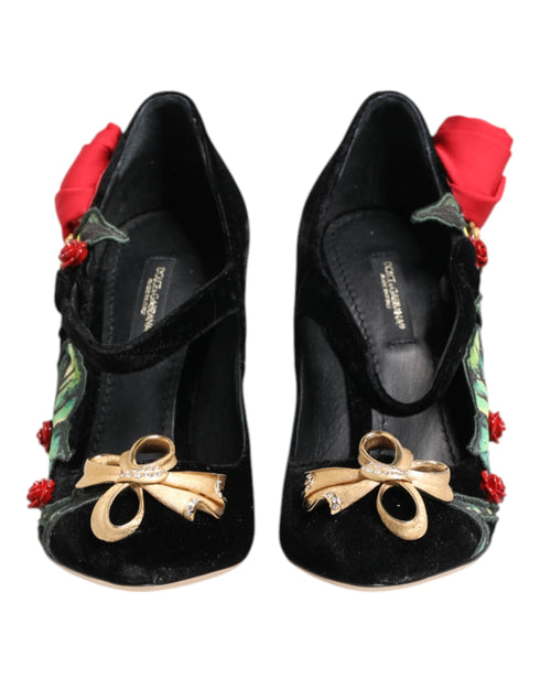 Dolce & Gabbana Mary Jane Pumps Black Roses Crystal Brooch Silk Heels - Women’s
