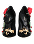 Dolce & Gabbana Mary Jane Pumps Black Roses Crystal Brooch Silk Heels - Women’s