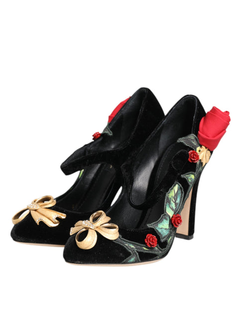 Dolce & Gabbana Mary Jane Pumps Black Roses Crystal Brooch Silk Heels - Women’s