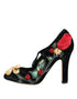 Dolce & Gabbana Mary Jane Pumps Black Roses Crystal Brooch Silk Heels - Women’s