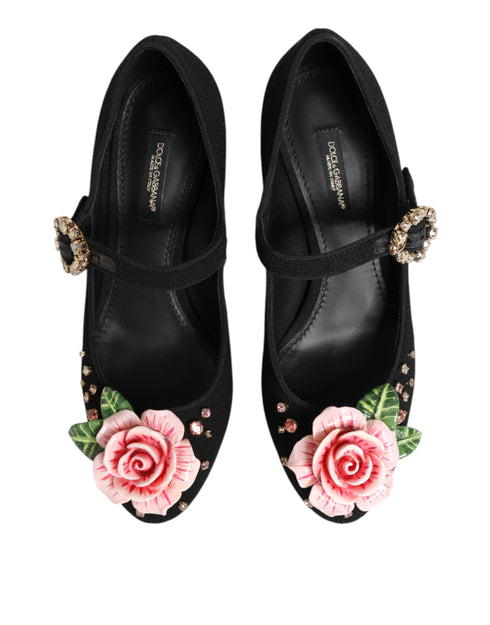 Dolce & Gabbana Black Flower Crystal Embellished Mary Jane Heels - Women’s Shoes