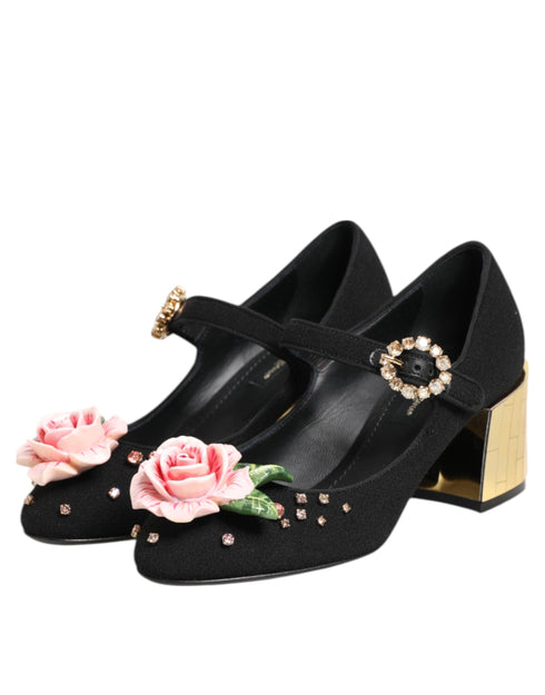 Dolce & Gabbana Black Flower Crystal Embellished Mary Jane Heels - Women’s Shoes