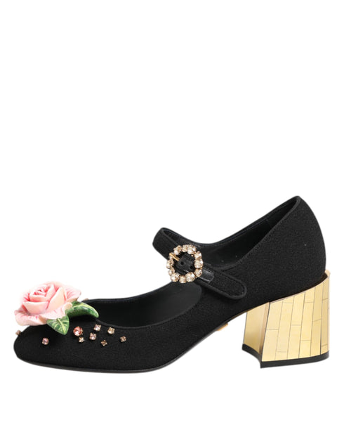 Dolce & Gabbana Black Flower Crystal Embellished Mary Jane Heels - Women’s Shoes