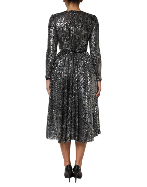 Dolce & Gabbana Black Sequined Long Sleeves Midi A-line Dress