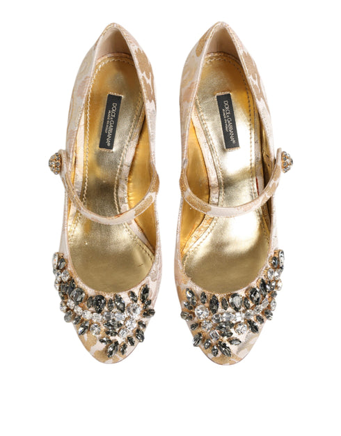 Dolce & Gabbana Jacquard Mary Jane Pumps | Gold Crystal Embellished Heels for Women