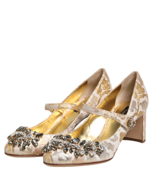Dolce & Gabbana Jacquard Mary Jane Pumps | Gold Crystal Embellished Heels for Women