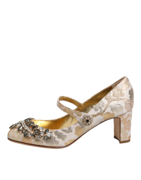Dolce & Gabbana Jacquard Mary Jane Pumps | Gold Crystal Embellished Heels for Women