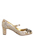 Dolce & Gabbana Jacquard Mary Jane Pumps | Gold Crystal Embellished Heels for Women