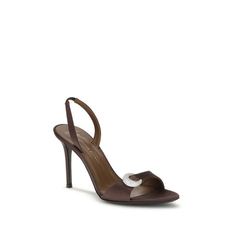 Giuseppe Zanotti Harissa Brown Silk Slingback Sandals with Rhinestone Detail - Women’s