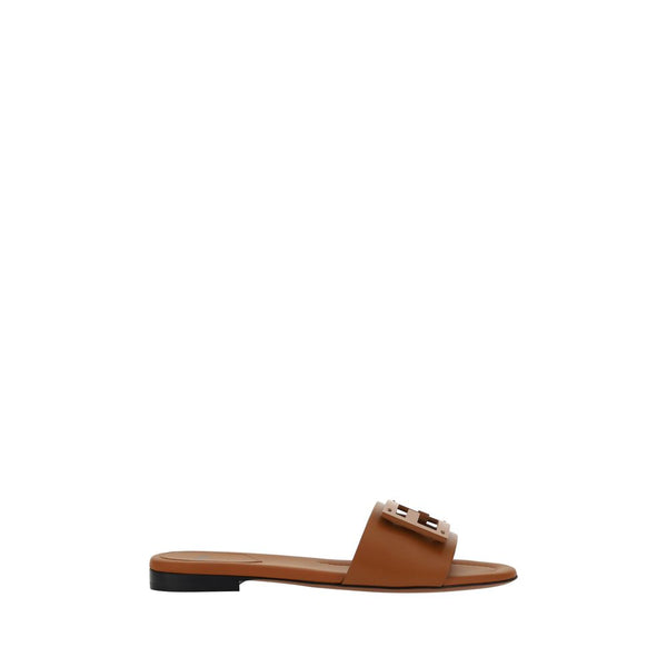 Fendi FF Logo Flat Sandals – Tan Brown Calf Leather Slip-On Slides for Women