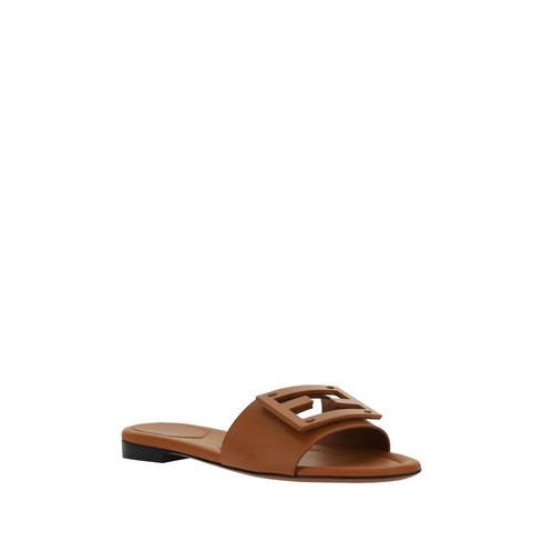 Fendi FF Logo Flat Sandals – Tan Brown Calf Leather Slip-On Slides for Women