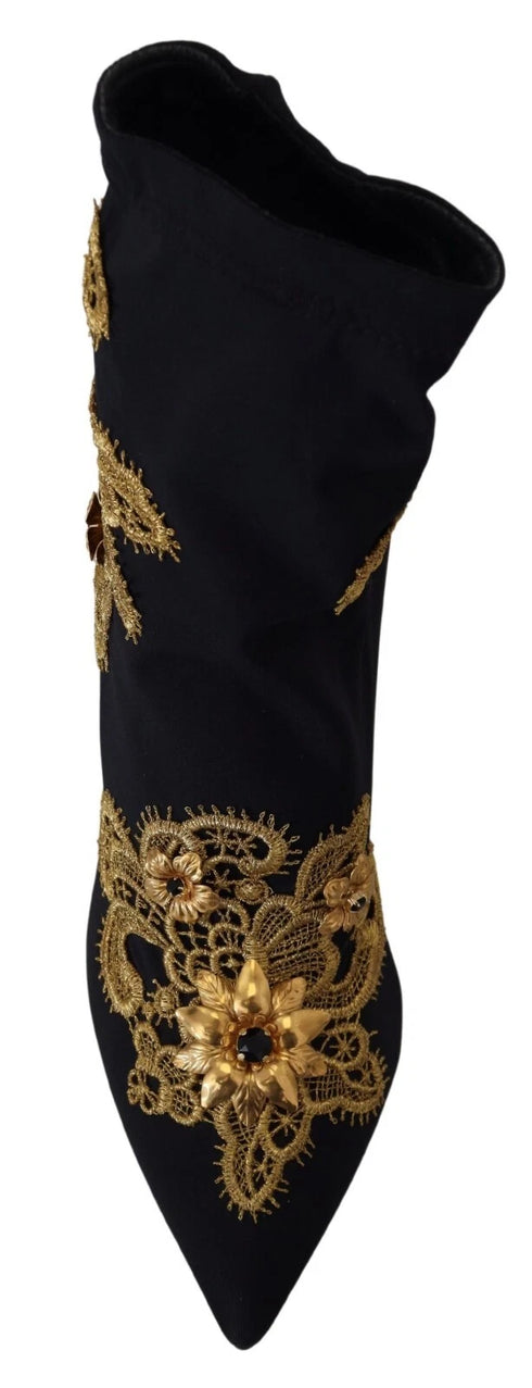 Dolce & Gabbana Women's Black Gold Embroidered Crystal Stretch Heels Boots