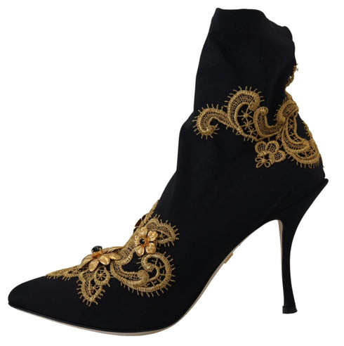 Dolce & Gabbana Women's Black Gold Embroidered Crystal Stretch Heels Boots