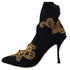 Dolce & Gabbana Women's Black Gold Embroidered Crystal Stretch Heels Boots