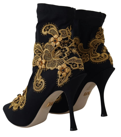Dolce & Gabbana Women's Black Gold Embroidered Crystal Stretch Heels Boots