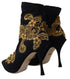 Dolce & Gabbana Women's Black Gold Embroidered Crystal Stretch Heels Boots
