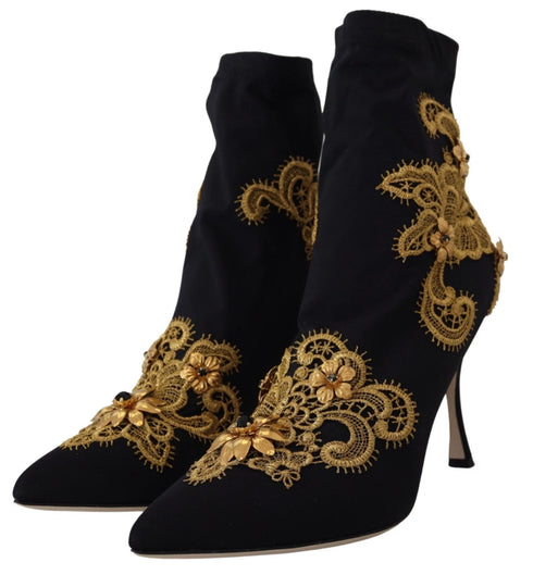 Dolce & Gabbana Women's Black Gold Embroidered Crystal Stretch Heels Boots