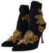 Dolce & Gabbana Women's Black Gold Embroidered Crystal Stretch Heels Boots