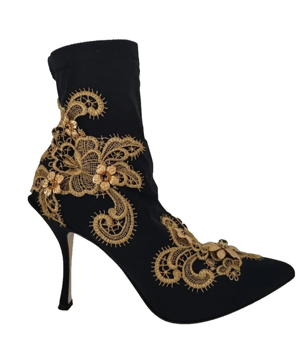 Dolce & Gabbana Women's Black Gold Embroidered Crystal Stretch Heels Boots