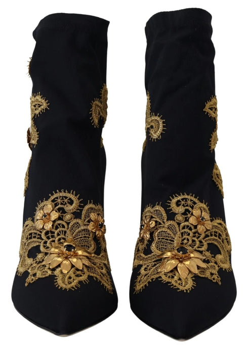 Dolce & Gabbana Women's Black Gold Embroidered Crystal Stretch Heels Boots