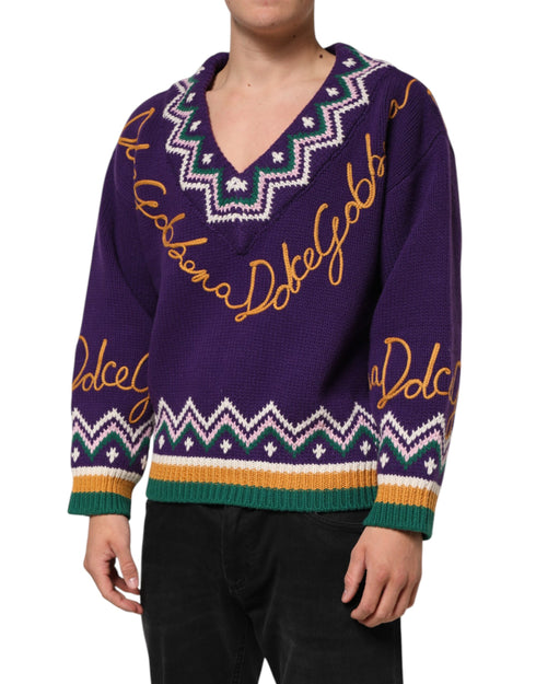 Dolce & Gabbana Purple Wool DG Logo Men Knit Pullover Sweater