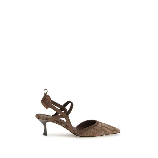 Fendi Colibrì Slingback Kitten Heel Pumps in Brown Monogram Fabric and Leather for Women