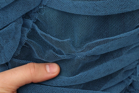 Dolce & Gabbana Blue Mesh Trim Ruched Tulle Sheath Dress