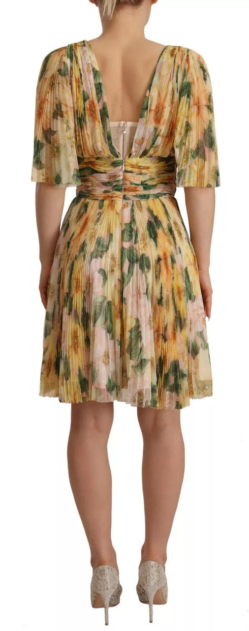 Dolce & Gabbana Yellow Floral Print Pleated Maxi Dress